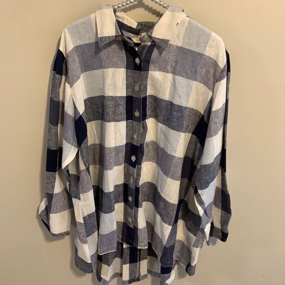 Soft Surroundings Top Womens Plus 2x Blue Plaid Long Sleeve Linen blend - Picture 1 of 5